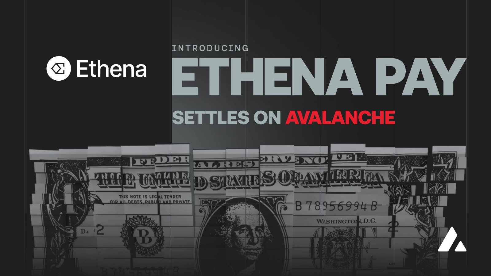 Official Ethena Pay launch graphic stating that Ethena Pay settles on Avalanche.