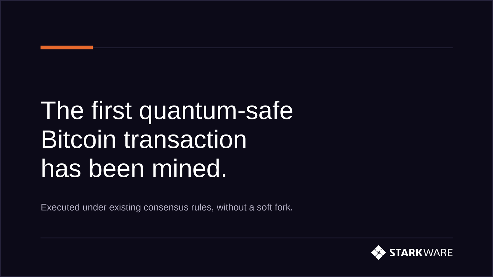 Official announcement graphic for the first quantum-safe Bitcoin transaction mined on mainnet without a soft fork.
